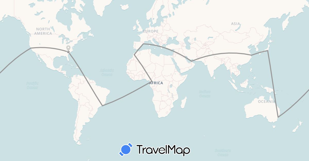 TravelMap itinerary: driving, plane in United Arab Emirates, Australia, Brazil, Cameroon, China, Spain, Japan, Morocco, United States (Africa, Asia, Europe, North America, Oceania, South America)